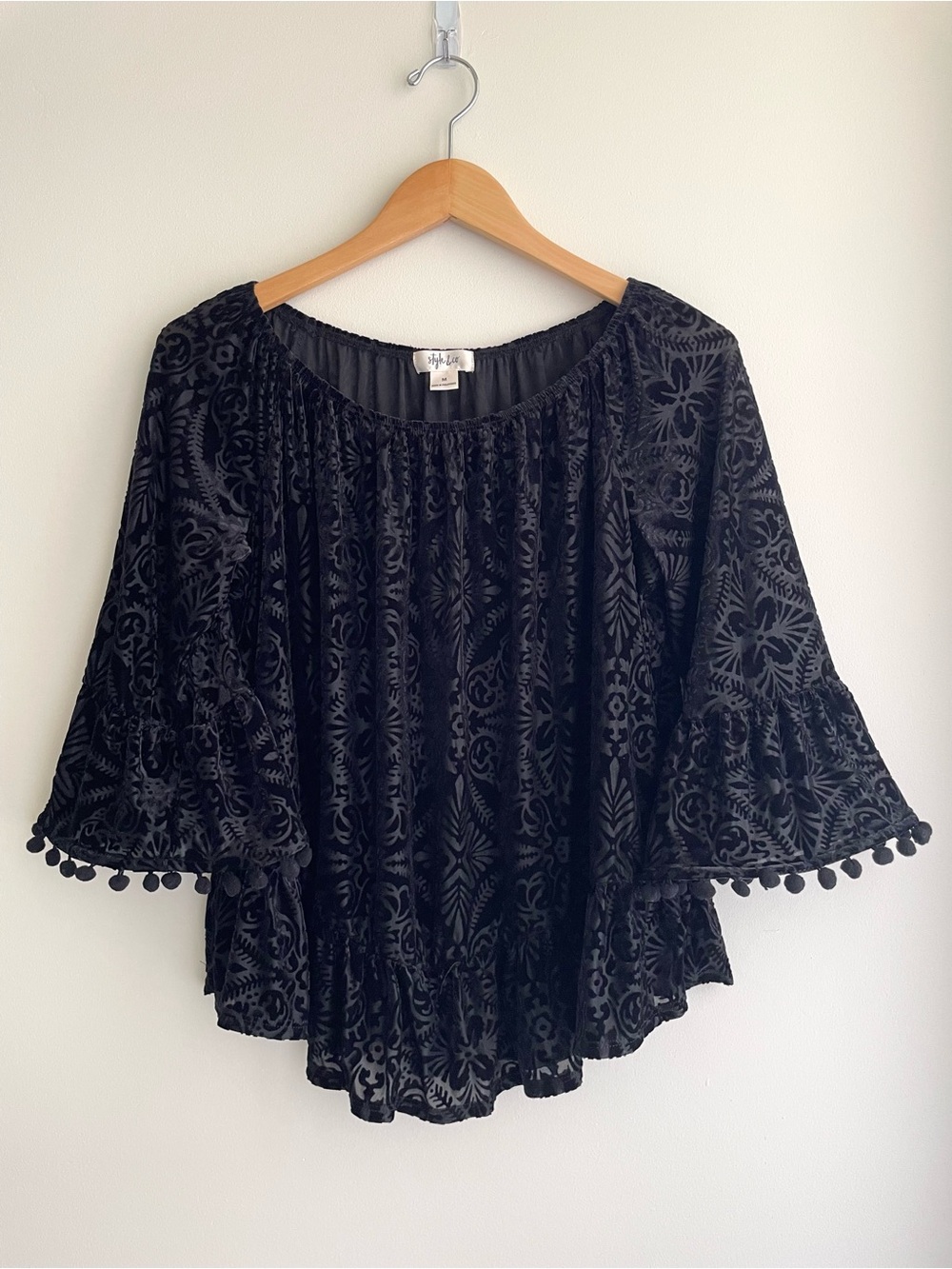 Style & Co. Black Velvet Burnout Whimsigoth Peasant Blouse Flowy Bell Sleeves